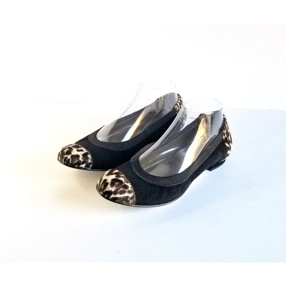 ANYI LU Ballet Flats Black Suede Leopard Calf Hair Sz 38 7.5 Cap Toe Italy - Picture 2 of 12